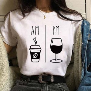 Dames t shirts maycaur mode am koffie pm rode wijn printen vrouwen harajuku trendy t -shirt schattige losse tops tees ropa mujer