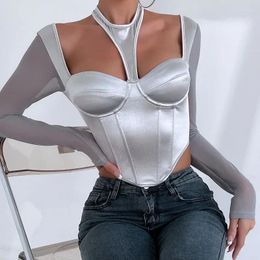 Dames T-shirts Mesh Patchwork Halter Crop top met lange mouwen Voor Dames Y2k Street chic Herfst Soild Kleur Sexy Doorzichtig korset Pittig meisje