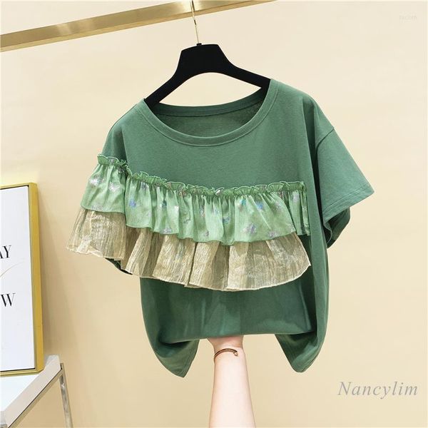 Camisetas De mujer, Camiseta holgada De manga corta con volantes De malla, Top De mujer, ropa De verano 2022, camiseta verde De moda para chicas, Camisetas De mujer