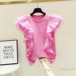 Nancylim-camisetas de malla con volantes para mujer, remera holgada de manga corta para mujer, diseño de ropa de verano, Tops para mujer, color rosa y negro 2022