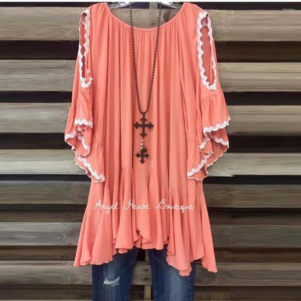 Camisetas de mujer MISSJOY Boho Soul Swing Ruffles mujeres verano moda camisetas media manga cuello redondo Irregular dobladillo túnica Tops Blusa Barato