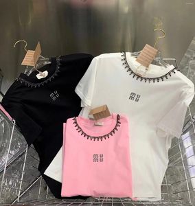 T-shirts Femmes Miumiuss T-shirt d'été pour femmes Vêtements Lettre Broderie Perles O-Cou T-shirt à manches courtes Femme Lâche Casual Crop Top