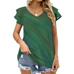 T-shirts pour femmes peinture mixte-vert et bleu à volants manches courtes été col en V hauts mode t-shirt décontracté chemise peinture à l'huile verte