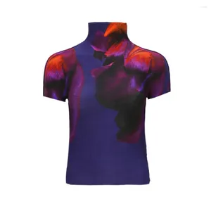 Dames T-shirts Miyake Geplooide Blouse Vrouwelijke Korte mouwen Slanke Dunne Lente En Zomer Strakke Sexy Hoge Kraag T-shirt Modellen