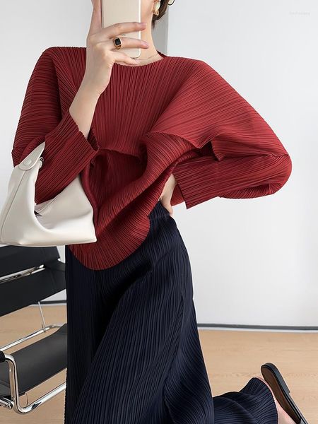 Miyake – t-shirt à lèvres plissées pour femmes, haut à la mode coréenne, ample, col rond, manches longues, chemise décontractée, automne 2023