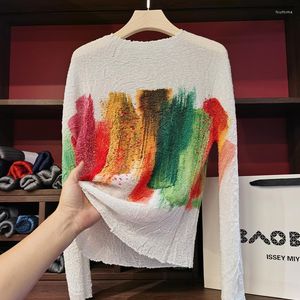 Dames T-shirts Miyake Geplooid T-shirt met olieverfschilderij Kleurblokken Ronde hals Lange mouwen Lente Zomer Stitch Dameskleding Grafisch