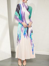 Miyake – t-shirt plissé pour femmes, ensemble deux pièces, Design imprimé à la mode, haut à manches longues et jupe