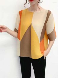 Femmes t-shirts Miyake plissé femmes Patchwork géométrique imprimé chemise col rond demi manches pull femme ample 2023 automne hauts