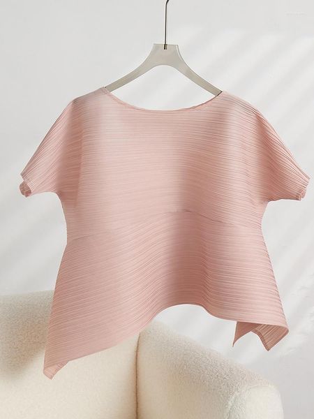 Camisetas de mujer Miyake de manga corta Irregular tipo suelto moda verano Tops mujer plisado Color sólido significativamente delgado cuello redondo