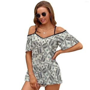 Vrouwen T-shirts Geld Nieuwigheid Dollar Vrouwen Korte Mouw Tops O-hals Hollow Out Schouderband Tees Streetwear 100