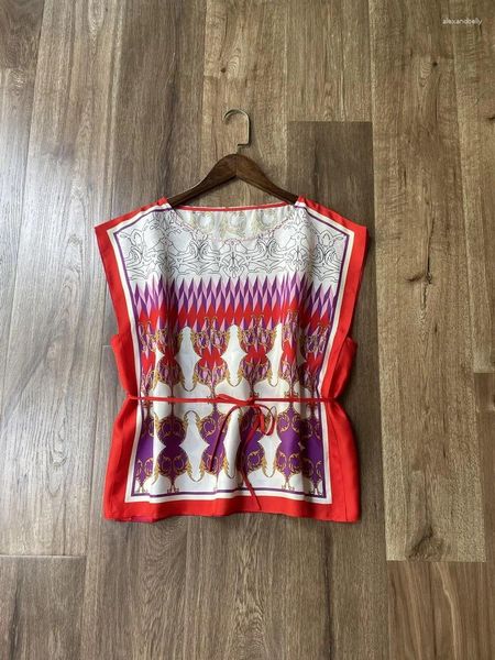 Camisetas para mujeres Patrón multicolor de seda seda boxy poncho geométrica geométrica paisley tatuaje de vaca de gran tamaño playa de verano top