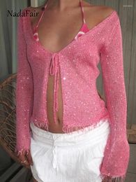 Camisetas para mujer Nadafair Mujeres de punto Playa Camisa de manga larga Lentejuelas rosadas Vintage V Cuello Vendaje Cardigans Primavera Verano Vacaciones Sexy