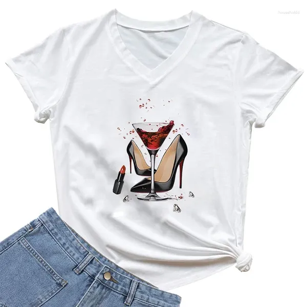 T-shirts pour femmes vernis à ongles et amoureux du vin chemise été Y2k hauts v-nck t-shirt mode femmes vêtements talons hauts graphique Harajuku