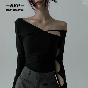 T-shirts pour femmes néonbabipink 2000S Y2K TOPS ASYMETRIQUE COUPE ONE ÉPAUNE LONG LONG STREET BLACK STREETWEAR WOMANS N33-BE12