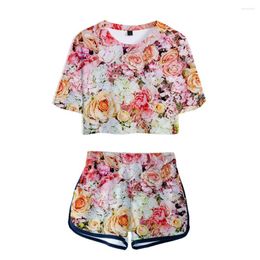 Camisetas para mujer Nes Flores coloridas Rosa Conjunto de dos piezas Crisantemo Girasol Mujeres Pantalones cortos sexy Camiseta encantadora Chicas hermosas Deporte