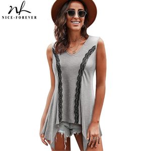 T-shirts pour femmes Nice-forever Summer Femmes Mode Dentelle Patchwork Casual Loose Tees Tops B385