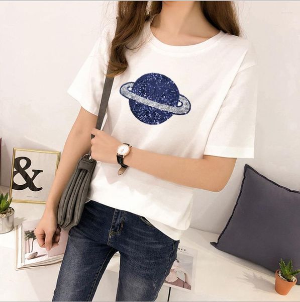 Camisetas de mujer, bonita camiseta de manga corta de estilo coreano dulce, camiseta de tendencia Simple holgada con patrón de planeta, camiseta multicolor de talla grande para verano