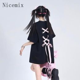 T-shirts pour femmes Nicemix Chic T-shirt Femmes Bow Lacets Patchwork Lâche Casual T-shirts Doux Preppy Noir Été Femme Mode Tops