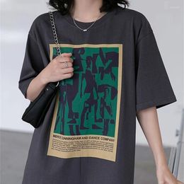 Camisetas para mujer Nodic Chic Tops Mujeres Gris oscuro Vintage Algodón Pintura estética Y2K Ropa suelta Casual Manga corta Moda coreana