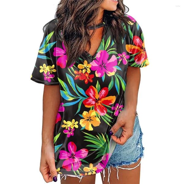 T-shirts pour femmes bruisses de mode Fashion Femmes 4xl T-shirts Hawaiian Tropical Floral Imprimé féminin Shorts et Tees Beach Ladies Camiseta