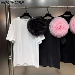 T-shirt manches courtes col rond femme, décontracté, coréen, grande fleur 3D, printemps, été, 2024