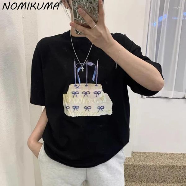 T-shirts Femmes Nomikuma Coréen Chic Printemps Niche Ruban Imprimer Design Polyvalent Casual T-shirt À Manches Courtes Top Pour Femmes Graphique