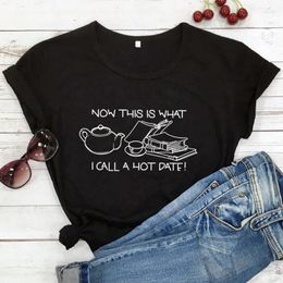 Dames T-shirts Nu dit is wat ik een date noem T-shirt Koffie en boek Pauzetijd Tees Dames Trendy Casual jaren 90 Esthetische Top