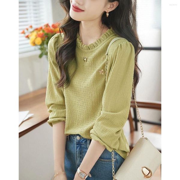 T-shirts pour femmes O-Neck Agaric Lace Texture Fold Blended French Yellowish Cyan T-Shirts Printemps Été Loose Metal Brooch Design Women