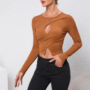 T-shirts voor dames O-hals met lange mouwen Uitgesneden gebreide crop-top T-shirt Dames Mode Casual Front Twist Wrap Around Dun T-shirt Dames