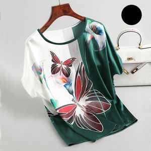 T-shirts pour femmes O-cou Sling Top Satin À Manches Courtes Stretch Chemise Papillon Impression Blouse Femmes Tops 2023 Été Femmes Vêtements M10