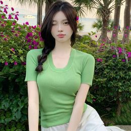 T-shirts pour femmes O-Neck Thin Knit Modal Top Femmes 2023 Summer Slim Fit Ribbing Short Sleeve Solid T-shirt Casual Ladies Tops Tees Green