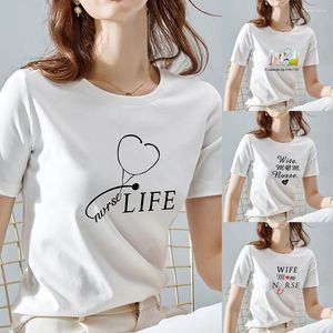 T-shirt à manches courtes et col rond pour femme, haut blanc, décontracté, motif basique imprimé, vêtements pour dames, été, 2024