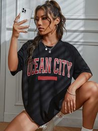 Camisetas para mujer Diseñadores de Ocean City Letra impresa Algodón Hombro caído Camisetas para mujer Camiseta de calle Ropa Camiseta retro americana para mujer