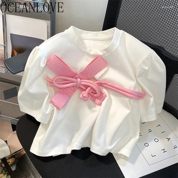 T-shirts de femmes Oceanlove 3D Bows Shirt for Women Contrast Color Sweet Spring Summer Ropa de Mujer Fashion Corée Vintage Short Tees