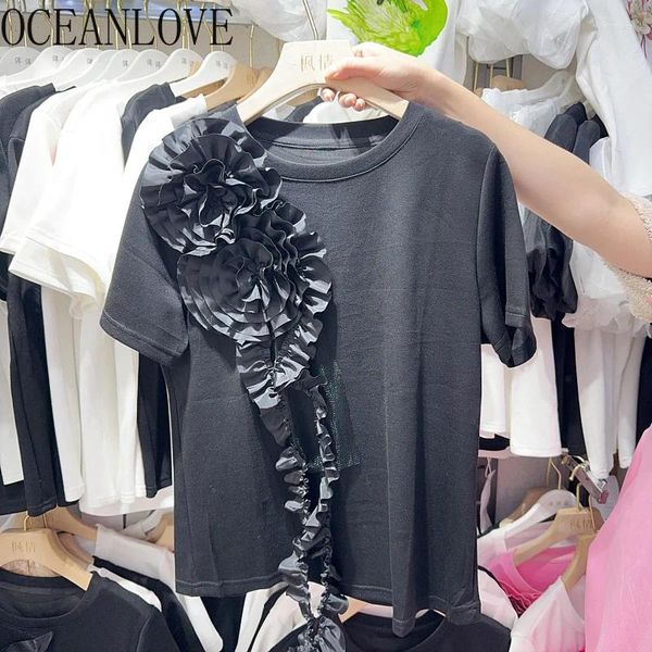 T-shirts pour femmes Oceanlove Beading Flowers Shirt for Women Spring Summer Korean Fashion Ropa de Mujer solide vintage Elegant Camisetas