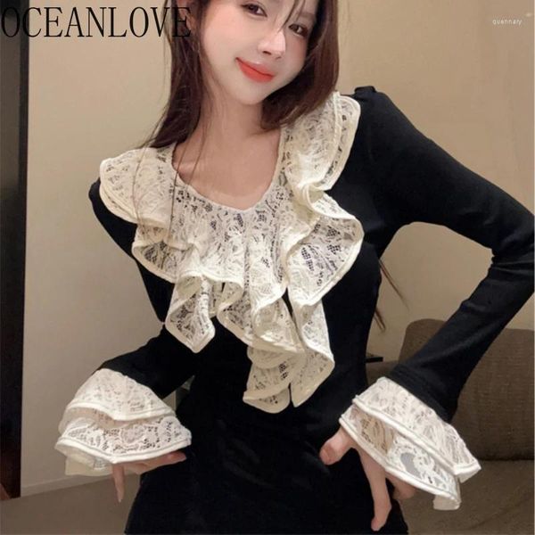 T-shirts pour femmes Oceanlove Y2K V Kirt Neck For Women Lace Ruffles Vintage automne hiver sexy ropa de mujer coréen Fashion Short Tees