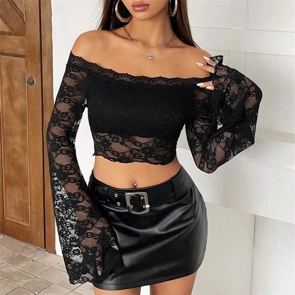 Camisetas de mujer Tops de encaje con hombros descubiertos para mujer Ropa estética Camisa de manga larga acampanada floral transparente Ropa de los años 2000 Negro