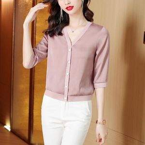 Dames t shirts kantoor dame blouses voor werk 2023 zomer dames kleding Koreaanse mode acetaat satijn casual tops driedel kwart v-neck