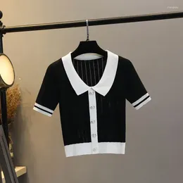 T-shirts pour femmes Polo ajouré à manches courtes haut revers mince serré glace soie tricot T-shirt taille haute recadrée mince pull d'été gilet