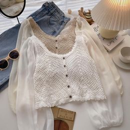 Camisetas femininas oumea crochet tops vintage for women buttons corpete casual da frente com manga de chiffon pura em branco