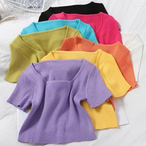 Dames t shirts oumea rib gebreide tops zomer zomers korte mouw basic gebreide crop top square nek vast snoep kleur eenvoudige Koreaanse stijl t -shirt