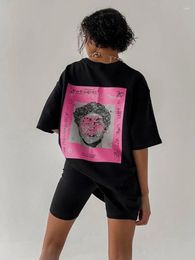 Dames T-shirts Oversized Black Print T-shirt voor vrouwen 2024 Zomer Basis Katoen O-Neck T-stukken Vrouwelijke korte mouw Grijze BF-stijl Tops