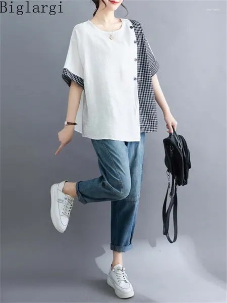 T-shirts Femmes surdimensionné Summer Femmes Coton Lâche Plaid T-shirt Casual Bureau Dames Blanc Tshirt Tops Corée Grande Taille Pull