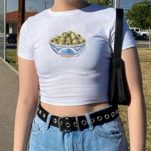 Dames T-shirts Geschilderd Olive Bowl Jaren '90 Baby Tee Vintage Trendy Grafisch Shirt Schattig Esthetisch Crop Top Vrouwen Y2k Kleding