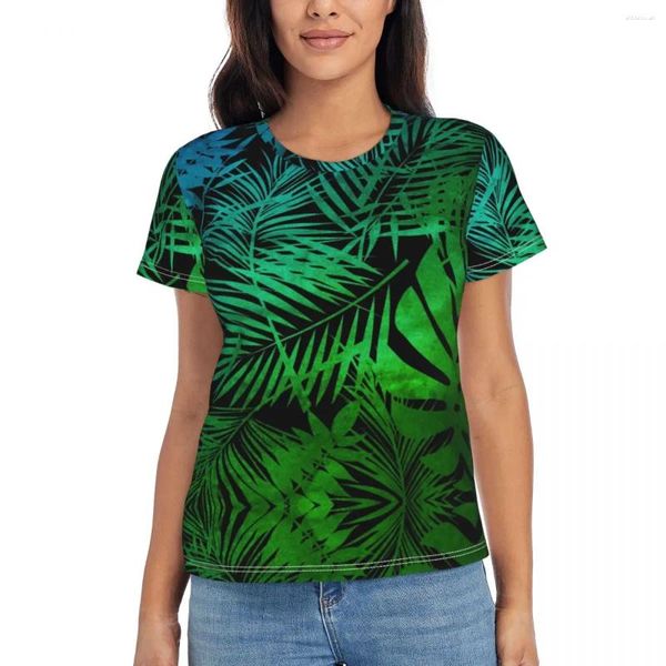 T-shirts pour femmes T-shirts imprimés de feuilles de palmier Green Tropical Corée Fashion O Col T-shirt Short Sleeve esthétique TEES OVICHET