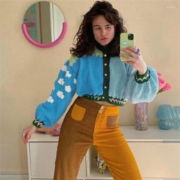 Dames T-shirts Patchwork Breien Trui Vrouwen Lantaarn Mouw Knop Herfst Casual Crop Tops Losse Zoete Stijl Streetwear Y2k Top Schattig