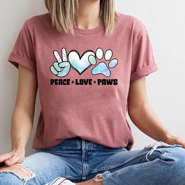 T-shirts pour femmes Peace Love Paws Print O-cou Casual Short Sleeve Harajuku T-shirt Cotton Tops High Quality Cute Color Clothes Women Tshirts