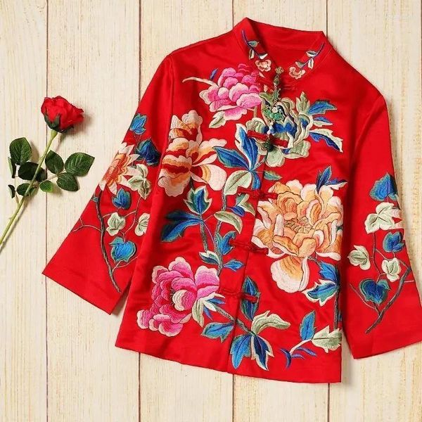 T-shirts Femmes Pivoine Fleur Broderie Vintage Tang Costume Veste Femmes À Manches Longues Simple Boutonnage Col De Stand De Style Chinois Tops