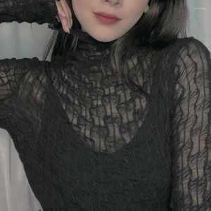 Camisetas de mujer, camiseta de manga larga de tul con cuello de pila, blusas básicas transparentes de encaje negro dulce Sexy, Tops estéticos para mujer