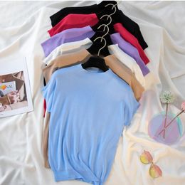 Camisetas de Mujer, Camisetas básicas rosas para Mujer 2023, Camisetas informales de verano para Mujer, Top de punto fino coreano, camiseta de manga corta para Mujer